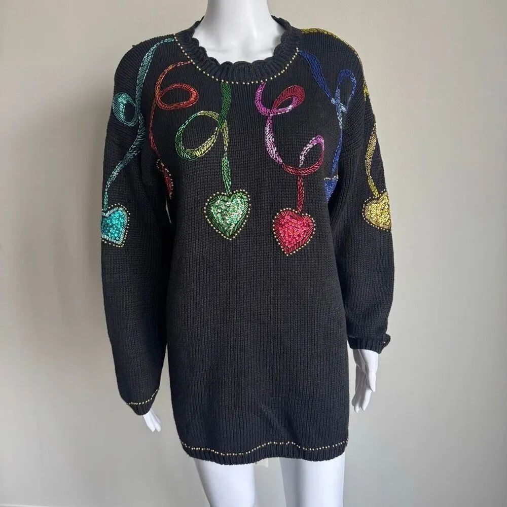 *Flawed Gem 90’s Sequin Hearts Ramie Sweater Dress Size M Black